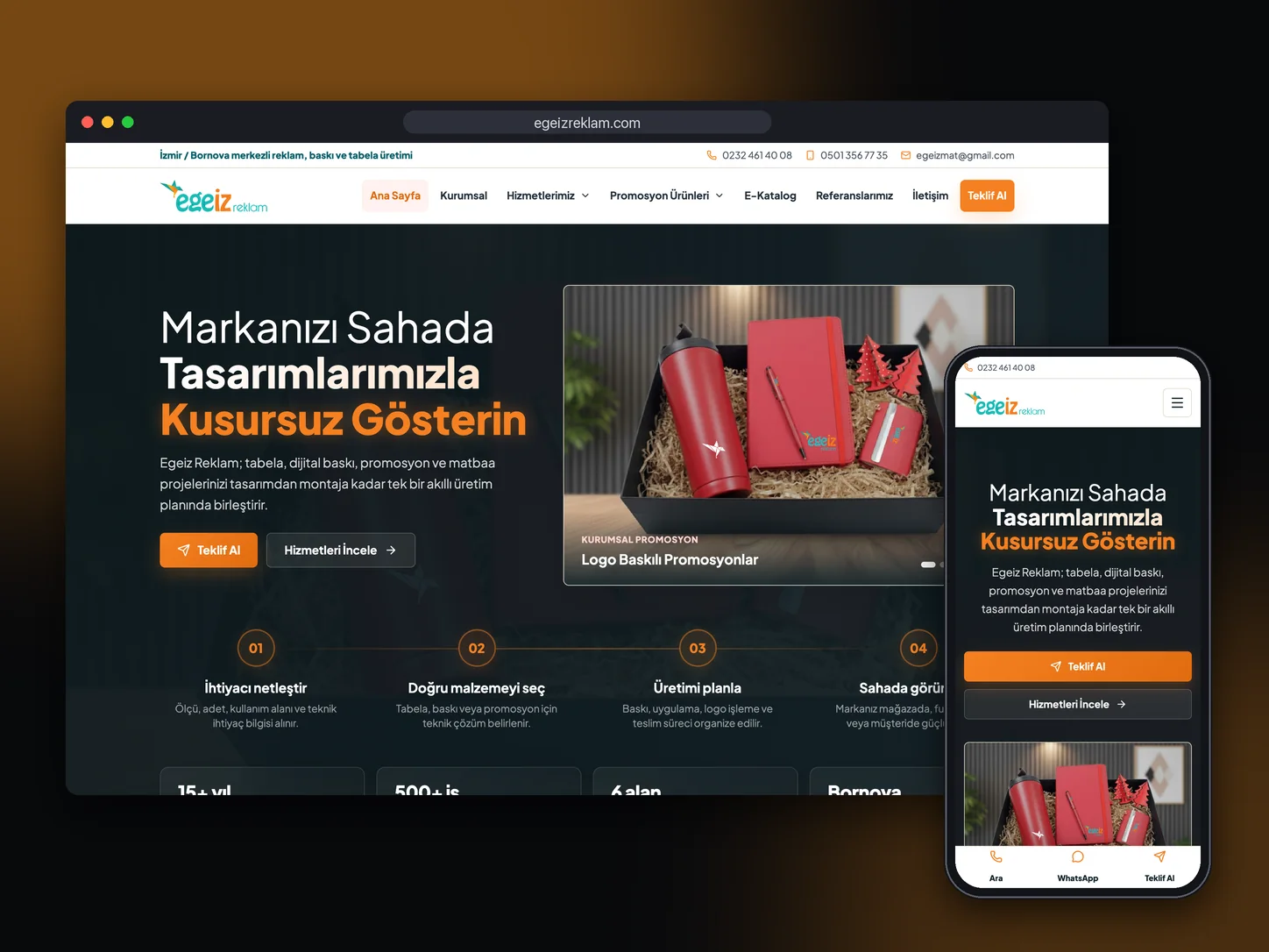Egeiz Reklam: Catalog website for an İzmir signage, digital print and promotional products company.